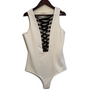 SAN JOY Satin Corset Lace Up Bodysuit w Gold Hardware, White- M
